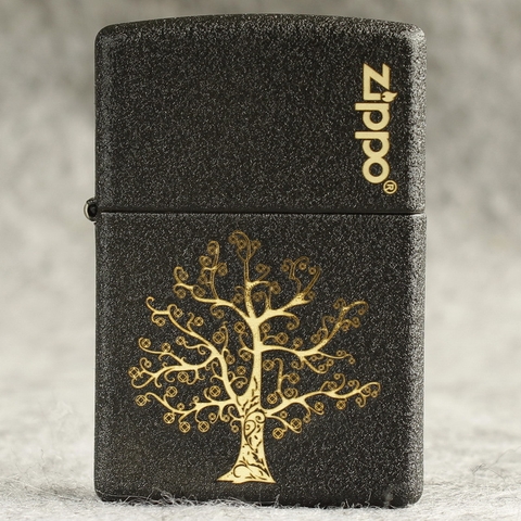 Quẹt Zippo MỸ Black Crackle mã 236 khắc ăn mòn đổ sơn chủ đề Cây Phú Quý , Hàng chính hãng