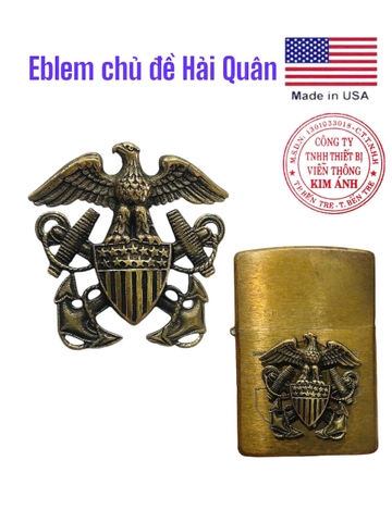 Miếng dán Eblem trang trí Zippo chủ đề U.S NaVy ( Hải Quân), chất liệu đồng thau Solid Brass, hàng chuẩn zin Mỹ