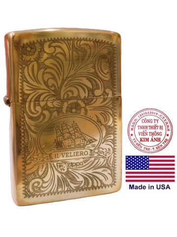 Bật lửa, hộp quẹt Zippo Mỹ high polish Brass chủ đề Tàu Chiến VELIERO, Hàng chính hãng