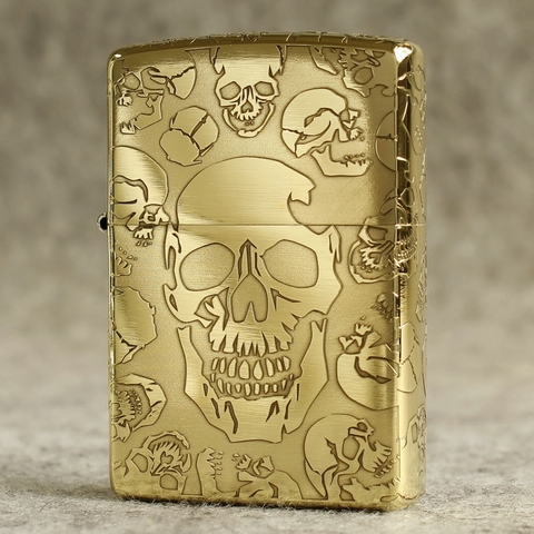 Bật lửa Zippo Mỹ Brass mã 204 khắc 3D nổi 5 mặt đầu lâu thần trấn tà, Hàng chính hãng