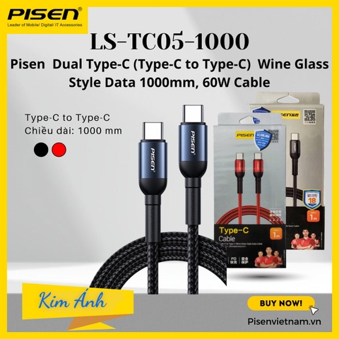 Dây sạc nhanh Pisen Dual Type-C (Type-C to Type-C) Wine Glass Style Data 1000mm, 60W (LS-TC05-1000), Hàng chính hãng