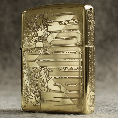 Bật lửa Zippo Brass MỸ mã 204B khắc laser năm mặt Hoa Marlboro, Hàng chính hãng có giấy nhập khẩu