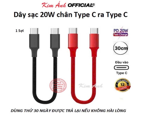 Dây sạc ngắn 30cm, bện dù công suất 20w, chân cắm Type C ra Type C, Kim Ánh bảo hành 12 tháng