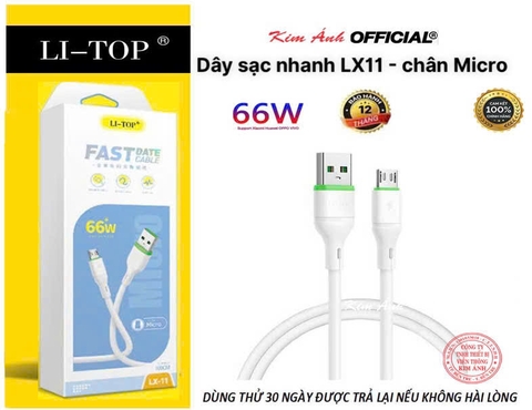 Dây sạc LI-TOP LX11 chân Micro (hộp giấy) công suất 66W, Kim Ánh cho dùng thử 30 ngày, bảo hành chính hãng 12 tháng