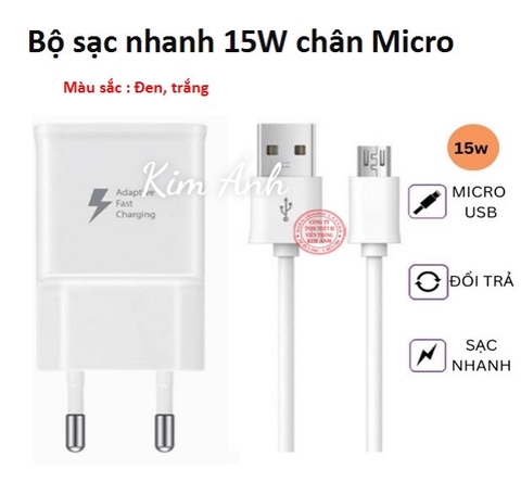 Bộ sạc nhanh Samsung chân Micro 15W dùng cho các dòng Androi, cáp Micro zin và Củ sạc nhanh zin (S6. S7 ...)