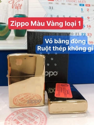 Bật Lửa, Hộp quẹt Zippo trơn màu Vàng Bóng, Vỏ bằng đồng ruột thép không gỉ có tem đỏ