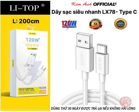 2 mét- Dây sạc siêu nhanh LI-TOP LX78 120W, chân Type C dài 2 mét, dây mịn to, lõi 260 sợ đồng, được dùng thử 30 ngày