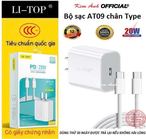 Bộ sạc LI-TOP AT09 chân cắm Type C, sạc nhanh PD 20W có chứng nhận 3C tiêu chuẩn an toàn quốc gia, hàng chính hãng