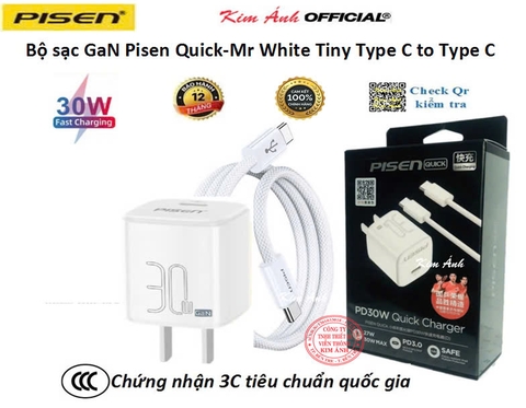 Bộ sạc Gallium Nitride 30W-Pisen Quick-Mr White Tiny kèm cáp Type C ra Type C, Quét QR kiểm tra, bảo hành 24 tháng