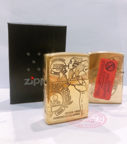 Bật lửa Zippo Armor vỏ dầy, khắc chìm chủ đề Cô Gái Gió American Classic Sin 1932, Hàng loại 1 vỏ bằng đồng có tem đỏ