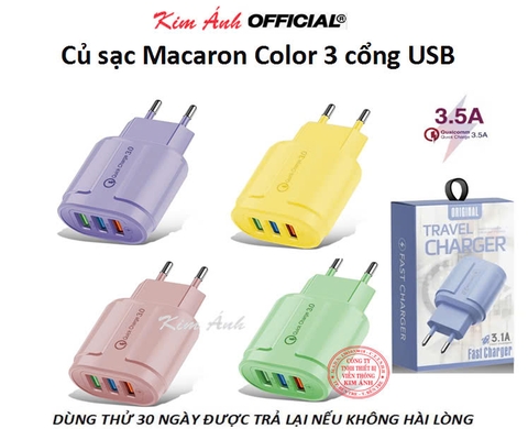 Củ sạc Macaron Color 3 cổng USB, dòng điện 3.5A, Kim Ánh bảo hành chính hãng 12 tháng, bao đổi trả