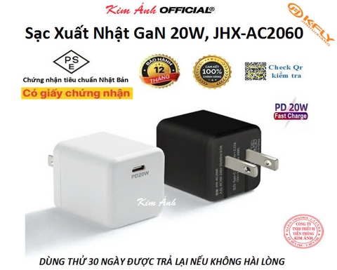 Củ sạc xuất Nhật 20W KFLY ( JHX-AC2060) đạt chứng nhận PSE tiêu chuẩn Nhật Bản, bảo hành chính hãng 12 tháng