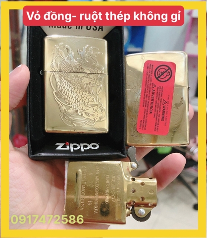 BẬT LỬA ZIPPO KHẮC CHÌM HÌNH CÁ CHÉP HOÁ RỒNG, VỎ ĐỒNG RUỘT THÉP CÓ TEM ĐỎ