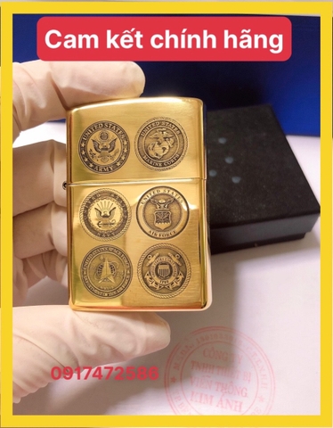 Bật lửa Zippo Mỹ high polish brass Mã 254, Khắc ăn mòn Logo Quân Sự, Hàng chính hãng
