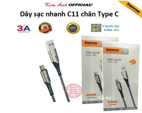 Type C- Dây sạc nhanh Hammer ( H-C11-C ) 3A , chân Type C, Có đèn báo, Hàng Chính Hãng bảo hành 12 tháng
