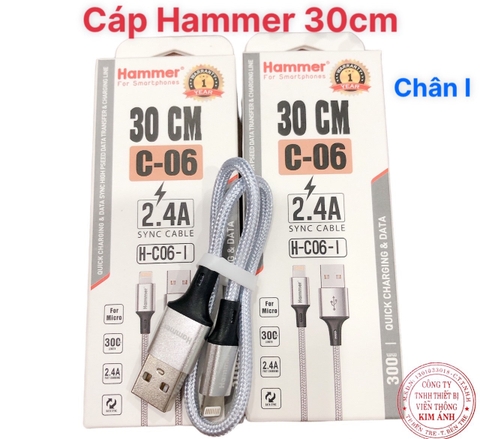 Dây sạc nhanh HAMMER C06 chân cắm I phone, dòng điện 2.4A dây dù dài 30cm - Hàng chính hãng