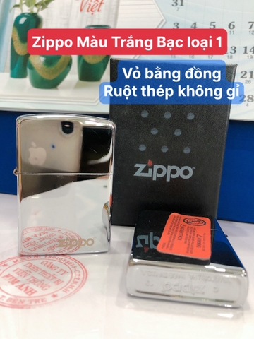 Bật lửa, hộp quẹt Zippo USA, Màu Trắng Bạc Loại Trơn Bóng, Vỏ bằng đồng ruột thép không gỉ có tem đỏ