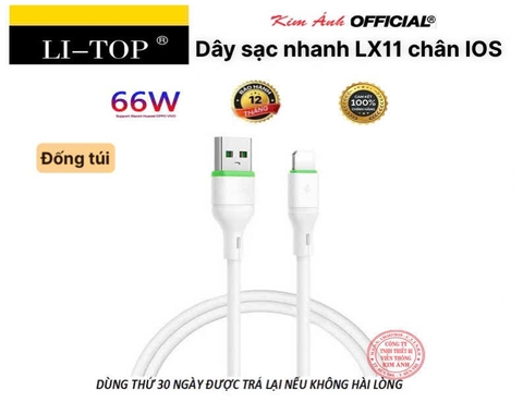 Dây sạc nhanh LI-TOP LX11 chân IOS (Túi) công suất 66W, Kim Ánh cho dùng thử 30 ngày, bảo hành 12 tháng