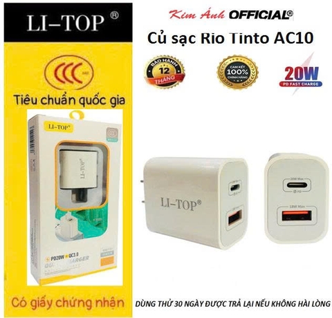 Củ sạc nhanh LI-TOP AC10 20W, đạt chứng nhận 3C tiêu chuẩn quốc gia, bảo hành tốt 12 tháng, cho dùng thử 30 ngày