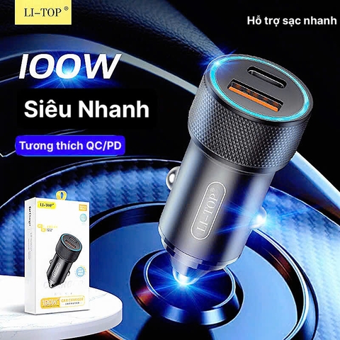 Củ sạc xe hơi Li-Top QC22 công suất 100W sạc siêu nhanh phù hợp các loại ô tô, hàng chính hãng