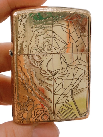 Bật lửa, hộp quẹt Zippo Armor vỏ dầy, khắc chìm chủ đề Đầu Mãnh Hổ hai mặt , Hàng loại 1 vỏ bằng đồng có tem đỏ
