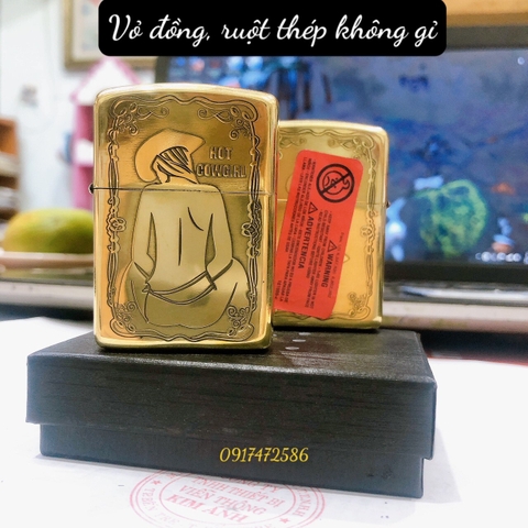 Bật lửa Zippo Brass, Armor vỏ dầy khắc chìm cẩn xà cừ mẫu CowGirl, vỏ đồng ruột thép không gỉ
