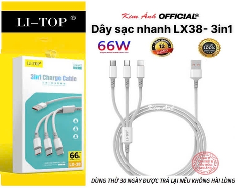 Dây sạc nhanh LI-TOP LX38 3IN1, đa năng 3 chân cắm IOS, MICRO, TYPE C, công suất 66W, Kim Ánh cho dùng thử 30 ngày