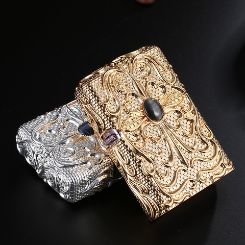 Hộp quẹt, bật lửa Chief đồng nguyên chất chủ đề hoa may mắn đính đá đen, hàng cao cấp vỏ bằng đồng