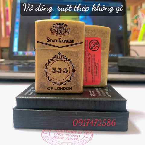 la mã- Quẹt Zippo giả cổ khắc chìm mẫu 555 STATE EXPRESS mộc đáy la mã , vỏ đồng ruột thép không gỉ