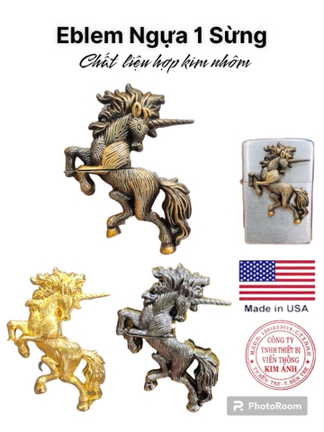 Eblem trang trí Zippo chủ đề Ngựa 1 Sừng chất liệu hợp kim nhôm, hàng chuẩn zin nhập Mỹ
