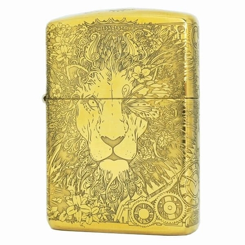 Bật lửa Zippo Mỹ  Brushed Brass Khắc ăn mòn chủ đề Sư Tử Mắt Hoa, mã 204B, Hàng chính hãng