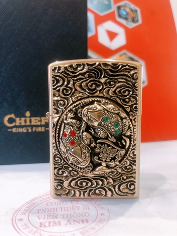 Bật lửa Chief đồng nguyên chất có Nút Xoay chủ đề Cóc Thiềm Thừ ( Cóc ngậm ngọc) - Màu Vàng