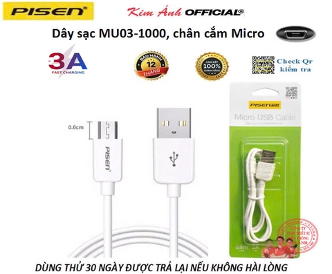 Dây sạc Pisen ( MU03-1000) chân cắm Micro, dòng điện 2A, dây dài 1 mét - Hàng chính hãng nội địa