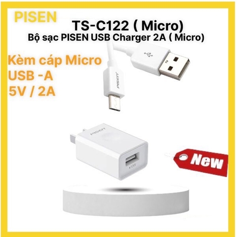 Bộ sạc nhanh PISEN USB Charger 2A ( Micro)- TS-C122, kèm cáp sạc điện thoại Micro (Micro)  Trắng, Hàng chính hãng