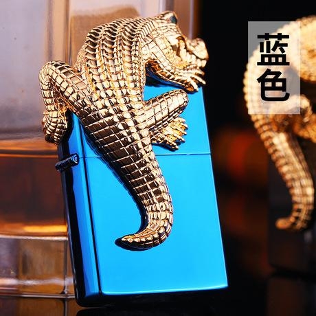 Bật lửa Chief đồng nguyên chất đính hình Vua Cá sấu màu xanh Sapphire