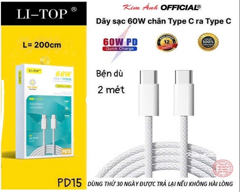 2m- Dây sạc LI-TOP PD15 Công suất 60W bện dù chân Type C ra Type C, được dùng thử 30 ngày, bảo hành chính hãng 12 tháng