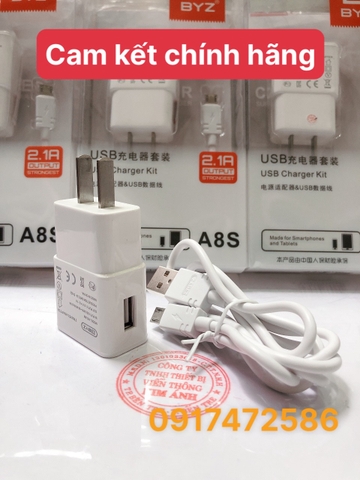 Bộ sạc BYZ A8S, dòng điện 2.1A, chuôi V8/ Micro Bảo hành 12 tháng