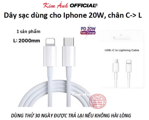 Dây sạc nhanh PD 20W 2 mét chân cắm Type C ra L sạc rất nhanh vào pin, Kim Ánh bảo hành 12 tháng, được dùng thử 30 ngày