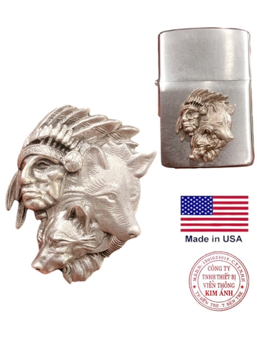 Miếng dán Eblem trang trí Zippo Mỹ chủ đề Thổ Dân và Chó Sói chất liệu bạc 925, Chuẩn Zin sản xuất Mexico