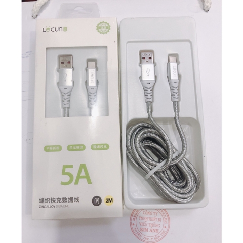 2m -Type C -Dây sạc nhanh Lecun HT 20 dòng điện 5V- 5A  chuôi Type C, dây dù dài 2m - Hàng Chính Hãng