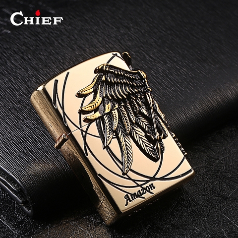 Bật lửa Chief đắp nổi chủ đề Nữ Chiến Binh màu vàng, Hàng loại 1 vỏ bằng đồng