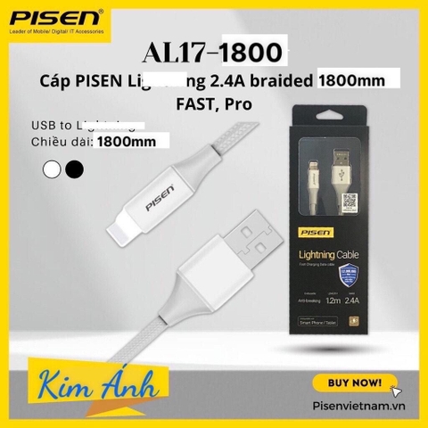 Cáp sạc Pisen chân cắm L, 2.4A Braided 1800mm FAST, Pro (AL17-1800), dây vải bện chống đứt gãy, hàng chính hãng