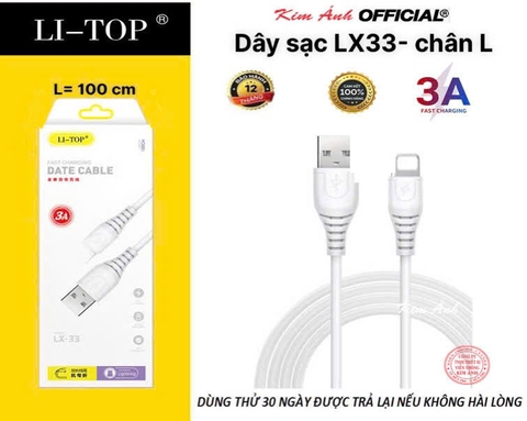 Dây sạc LI-TOP LX33 chân L (hộp giấy), dòng điện 5V- 3A, Kim Ánh cho dùng thử 30 ngày, bảo hành chính hãng 12 tháng