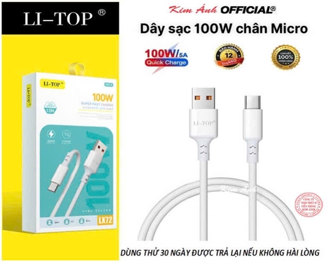Dây sạc LI-TOP LX72 Công suất 100W chân Micro, được dùng thử 30 ngày, Kim Ánh bảo hành chính hãng 12 tháng