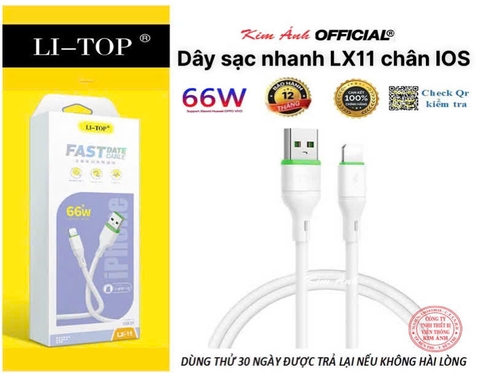 Dây sạc nhanh LI-TOP LX11 chân IOS / L  (hộp giấy) công suất 66W, Kim Ánh cho dùng thử 30 ngày, bảo hành 12 tháng