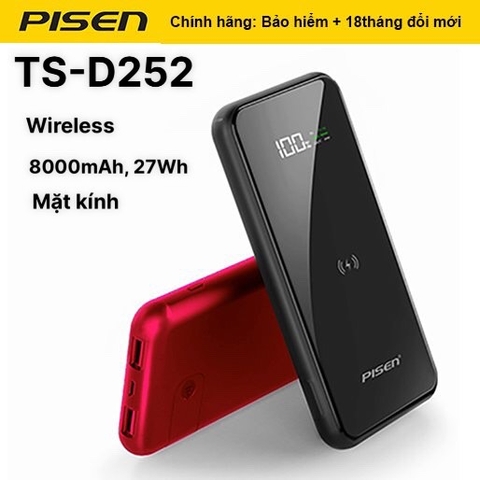 Sạc Dự Phòng Không Dây Pisen Wireless Charging  8000mAh ( Mặt kính, 2x USB Smart, Fast, Micro, LCD)- (TS-D252), Grey