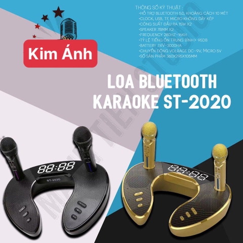 Loa bluetooth cao cấp ST 2020 - Dàn âm thanh karaoke mini - Mặt đồng hồ led cực đẹp - Tặng kèm 2 micro không dây