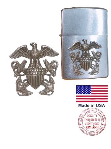 Eblem trang trí Zippo Mỹ chủ đề  Logo Hải Quân chất liệu bạc 925, Zin nhập Mỹ