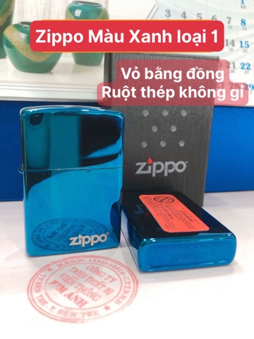 BẬT LỬA, HỘP QUẸT ZIPPO MÀU XANH SAPHIRE LOẠI TRƠN BÓNG, Vỏ bằng đồng ruột thép không gỉ có tem đỏ