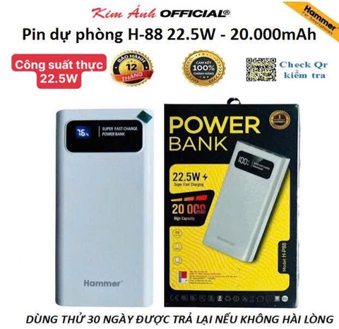 Sạc dự phòng Hammer H-P88 22.5W - 20.000mAh, Kim Ánh cam kết hàng chính hãng bảo hành 12 tháng
